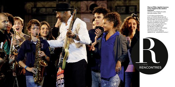 Marcus Miller, Agathe Iracema et les stagiaires des ateliers musicaux Festival Les Enfants du jazz, Barcelonnette, 2013 Photo : Pascal Kober